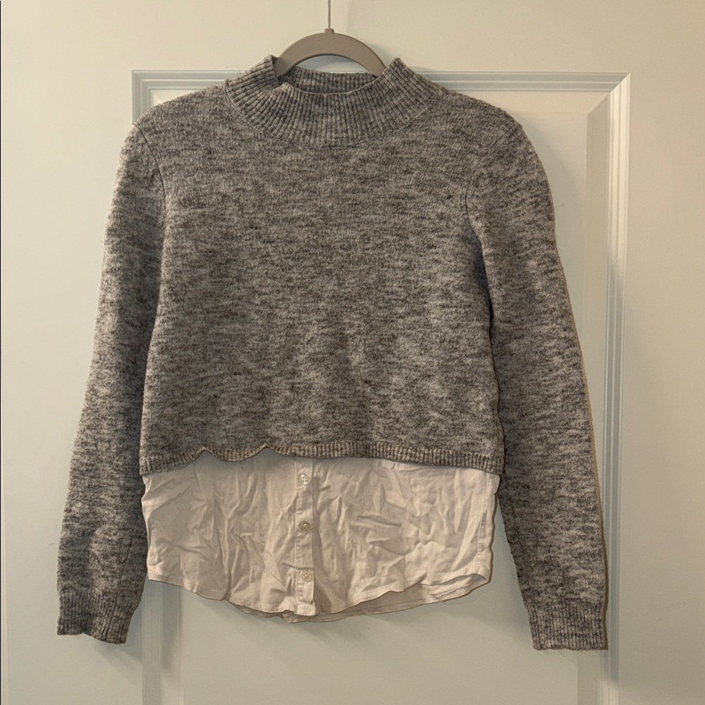 Gray Sweater with White Layered Hem